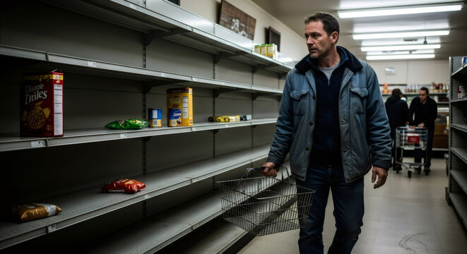 Man with shopping basket in nearly empty grocery store during crisis. Supply chain issues and scarcity concept. Economic downturn.