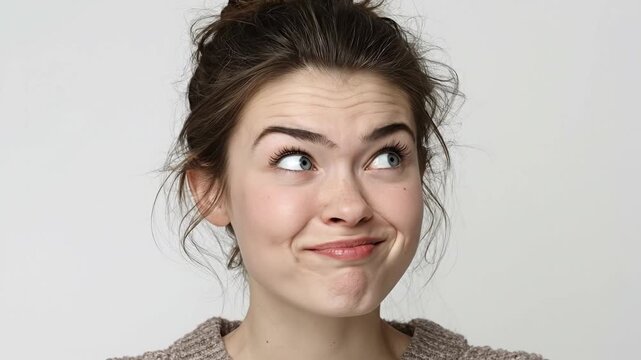 A young woman displays a thoughtful and slightly confused facial expression, looking upwards and to the side as if pondering a difficult decision or questioning a concept. Her eyebrows are raised, cre