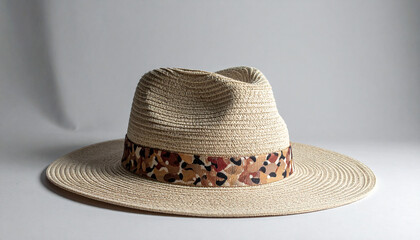 Stylish straw hat with a patterned band on a white background.