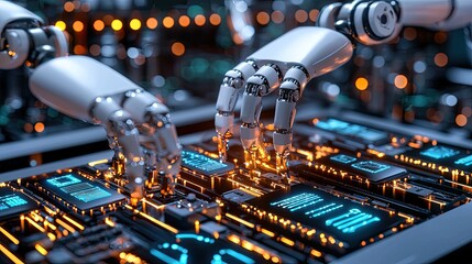 Futuristic Robot Hands Working on Advanced Circuit Board with Glowing Components in High-Tech Environment