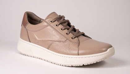 Stylish beige leather sneaker on a white background, perfect for casual wear.