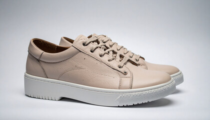 Elegant beige leather sneakers on a white background