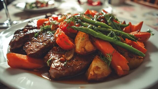 An appetizing close-up of a perfectly plated meal featuring succulent cuts of braised meat, complemented by vibrant green beans, tender roasted potatoes, and a rich, flavorful sauce. Garnished with fr