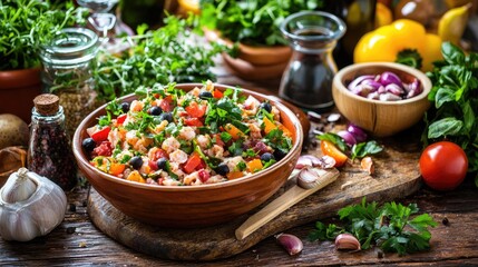 Fresh and Colorful Vegetable Salad with Herbs and Spices on a Rustic Wooden Table
