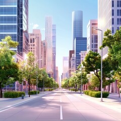 Urban Cityscape with Modern Architecture and Lush Green Trees Under Clear Blue Sky