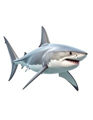 Fototapeta premium A photorealistic illustration of a great white shark, showing details of its sleek body, fins, and sharp teeth. Set against white