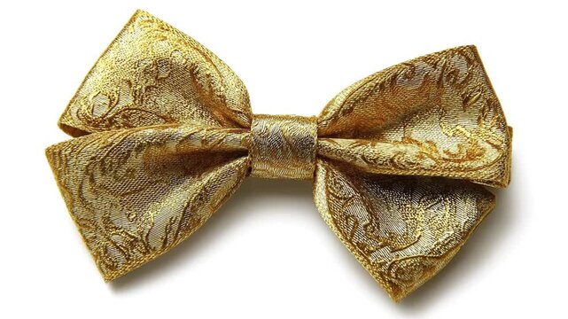 An elegant golden bow tie, featuring a luxurious and intricately patterned fabric, shimmers on a pristine white background. This classic accessory conveys sophistication, celebration, and upscale styl