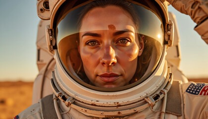 Female astronaut wearing helmet and looking confidently at camera  