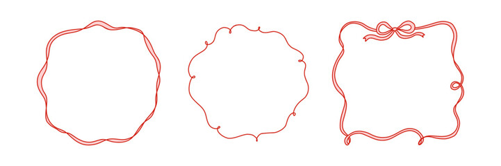 Vector Elegant Ribbon Frames with Bows Collection. Hand Drawn Frame Set. Linear Oval, Round, Wavy and Square Frame for Wedding Invitation, Scrapbook Page, Christmas Design, Birthday or Valentine Card