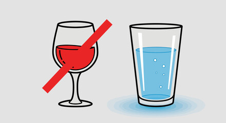 Vector illustration showing a crossed-out red wine glass and a glass of water.
