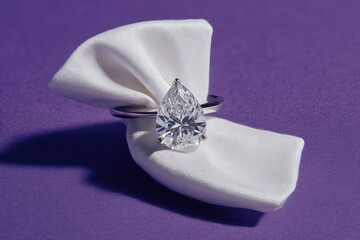 Pear-shaped diamond solitaire ring on a white cloth, set against a purple backdrop.  The image highlights the brilliance of the gemstone and the elegant simplicity of the setting