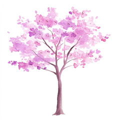 Fototapeta premium Watercolor cherry blossom tree clipart, on a white background, with soft pink and purple colors