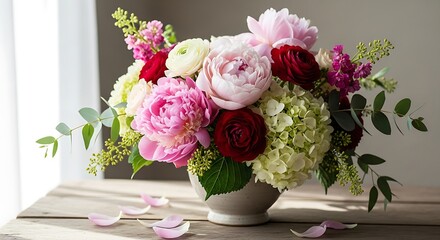 Elegant Floral Arrangement - Pink Peonies, Roses, and Hydrangeas in Vase.