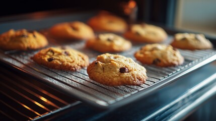 Freshly baked chocolate chip cookies cooling on a wire rack just pulled from the oven