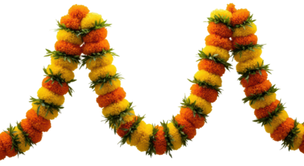 Festive Marigold Flower Garland in Yellow and Orange with Green Leaves isolated on transparent background