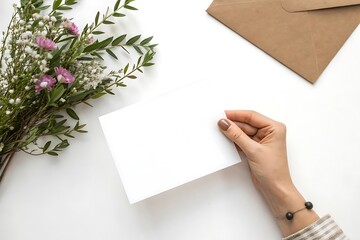Hand holding a blank card with a flower on it