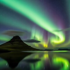 Aurora Borealis Over Kirkjufell Mountain in Iceland Reflection.