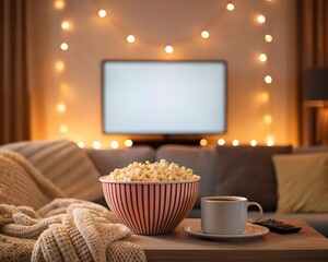 Cozy evening living room with popcorn and string lights