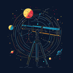Fototapeta premium Telescope on tripod observing colorful planets stars and constellations in abstract cosmic space with circular orbit lines minimalist vector illustration