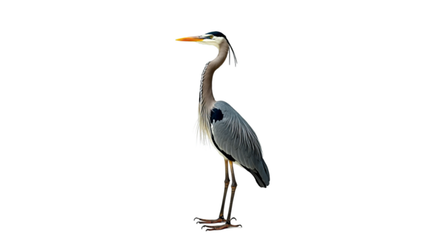 Great Blue Heron standing tall in profile view, isolated on a transparent background. Full body portrait of a majestic wild bird