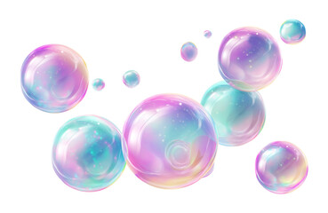 Group of translucent, iridescent bubbles with vibrant purple and blue tones, scattered against a white backdrop isolated on transparent background
