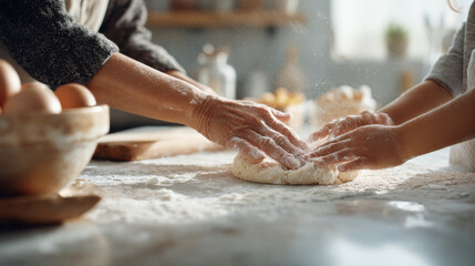 Grandmother and grandchild baking together in a cozy kitchen setting. A heartwarming scene of intergenerational connection and the joy of cooking together