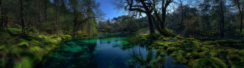 Tranquil nature scene lush riverbank hdr panorama serene environment wide view