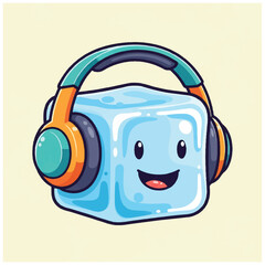 Cheerful ice cube character wearing headphones enjoying music and sound.