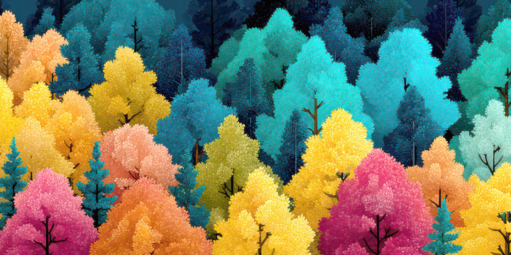 Vibrant Fantasy Forest with Rainbow Colored Trees Abstract Digital Art Wallpaper