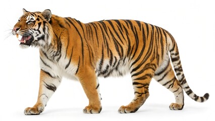 Fototapeta premium A striking Bengal tiger big cat with stripes, a wildlife predator, is isolated on a white background