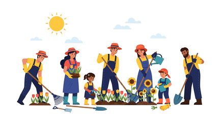 A family and friends working together planting flowers and gardening in a sunny outdoor setting.
