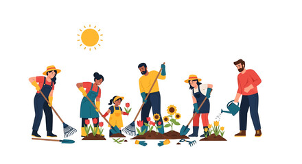 Fototapeta premium Diverse group of people gardening together, planting flowers and vegetables on a sunny day.