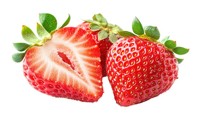 Ripe strawberries, one halved, against a black background