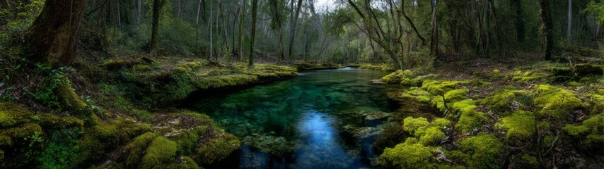 Fototapeta premium Tranquil stream in lush forest hdr panoramic view nature photography