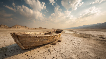 Old wooden boat stranded on cracked earth, a symbol of climate change. The abandoned boat on the dry lakebed evokes the devastating effects of drought and environmental degradation