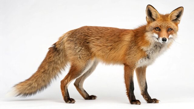 A portrait of a cute young red fox, Vulpes vulpes, a wild mammal, standing in snow on a white background