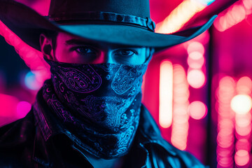 Futuristic Cowboy with Neon Cyberpunk Mask and High Tech Armor in Sci Fi Western Setting Close Up Portrait Generative AI