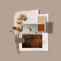 Dried flowers, sunset landscape photo, color swatches, and textured paper arranged on a neutral background