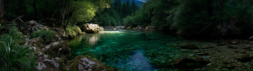 Fototapeta premium Tranquil river reflections nature hdr panorama serene forest environment