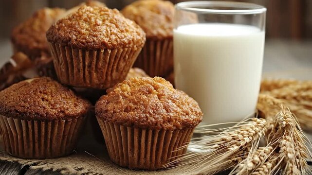 This inviting close-up showcases a delightful breakfast or snack scene, featuring several freshly baked golden-brown muffins alongside a refreshing glass of wholesome milk. The soft, warm lighting hig