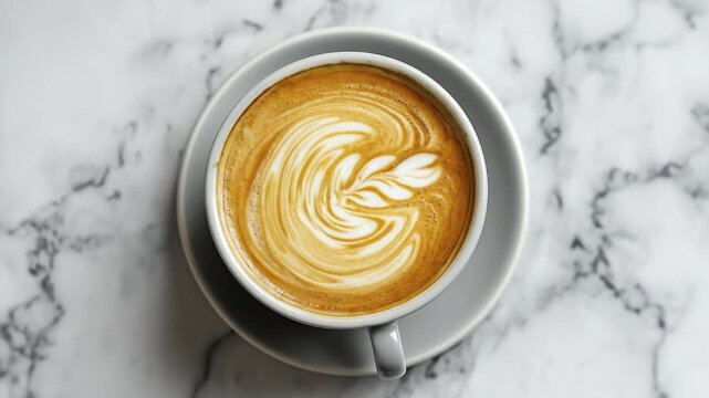This inviting, top-down close-up captures a freshly prepared latte with expertly poured foamed milk art, creating a delicate leaf or rosetta pattern. The rich, dark coffee contrasts beautifully with t