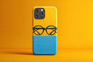 Yellow and blue phone case with round glasses resting on it against a yellow background