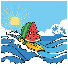 Cute Watermelon Character Surfing on a Yellow Surfboard.