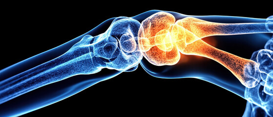 Transparent wrist joint x ray view showing inflamed cartilage and bone with glowing orange indicating pain and swelling