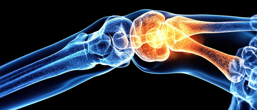 Transparent wrist joint x ray view showing inflamed cartilage and bone with glowing orange indicating pain and swelling