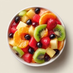 A vibrant fruit salad in a white bowl, featuring watermelon, strawberries, kiwi, pineapple, mandarin oranges, and blackberries.  Overhead shot
