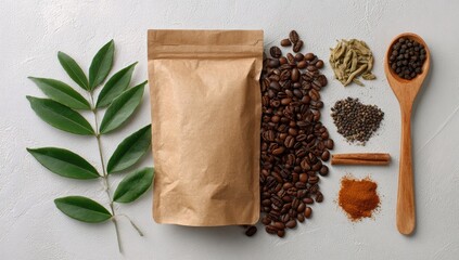 Kraft coffee bag, coffee beans, spices, and leaves arranged on a light grey background, flatlay style