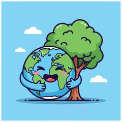 Cute Earth Hugging a Tree Illustration.