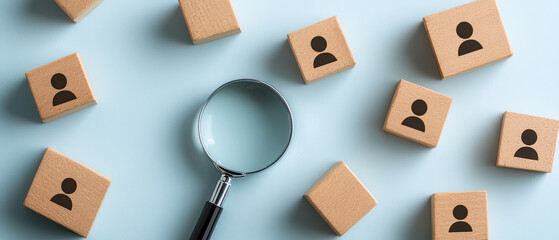 Wooden cube person icon magnifying glass recruitment search hiring analysis talent selection investigation focus