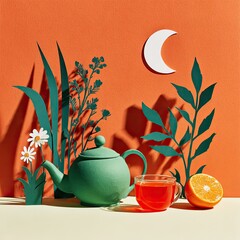 Still life of a teal teapot, teacup, and orange slice, with paper cut-out plants and moon, on a cream-colored surface against an orange backdrop